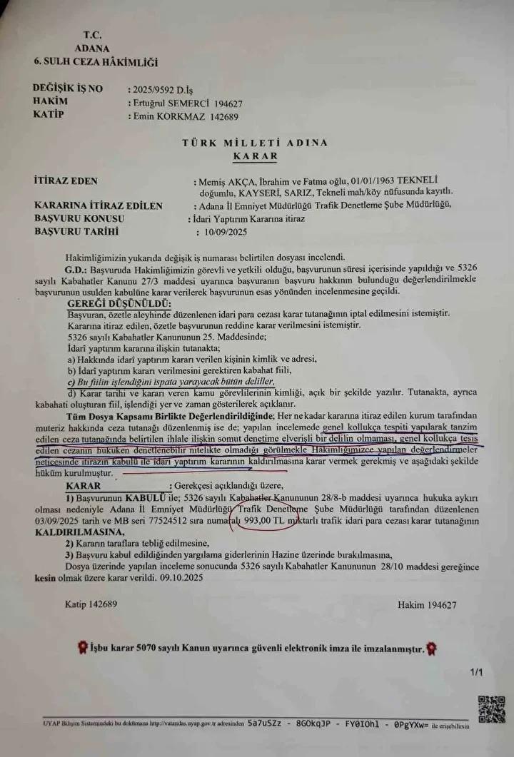 Adana'da Trafik Cezaları Üzerine Mahkeme Kararı ve Emsal Niteliği