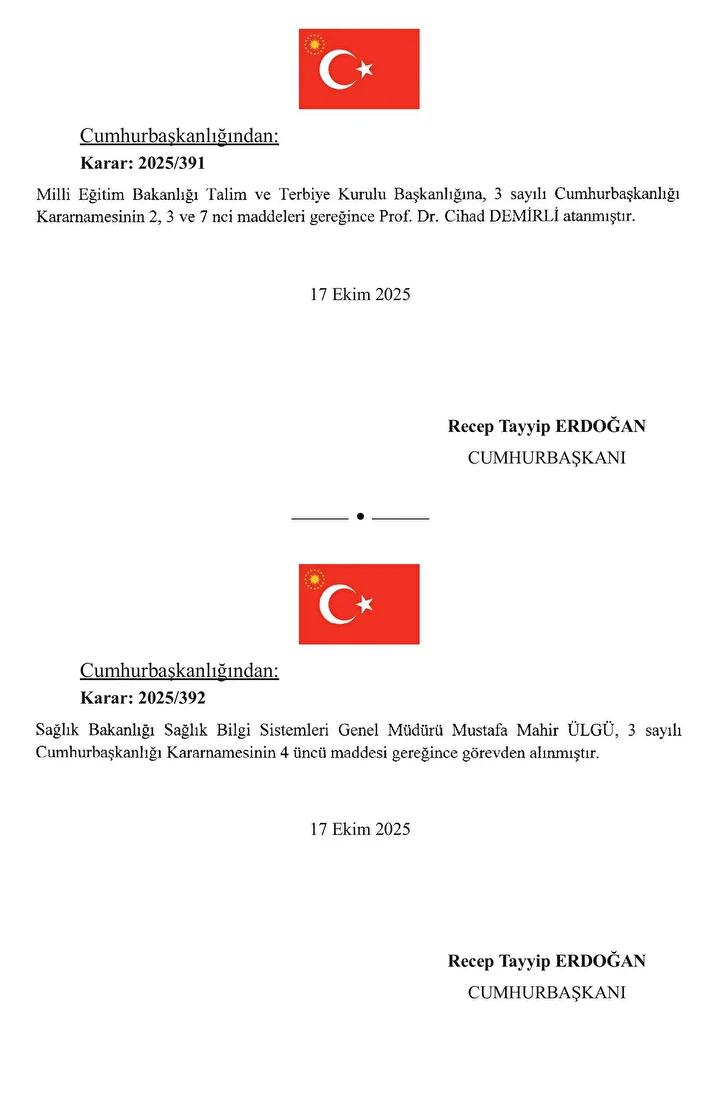 Cumhurbaşkanı Erdoğan'ın Resmi Atama Kararları ve Alınan Kararlar