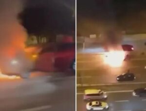 Pendik’te Yol Kenarında Araç Alev Aldı, Çevredekiler Panikledi