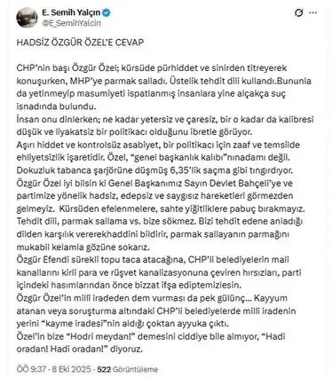 Semih Yalçın'dan CHP'nin Özgür Özel'e Sert Tepkisi: Açıklamalara Son Nokta