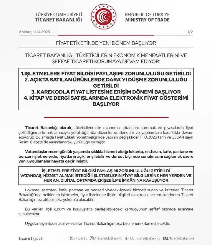 Yiyecek ve içecek işletmeleri için yeni fiyat düzenlemeleri yürürlüğe girdi