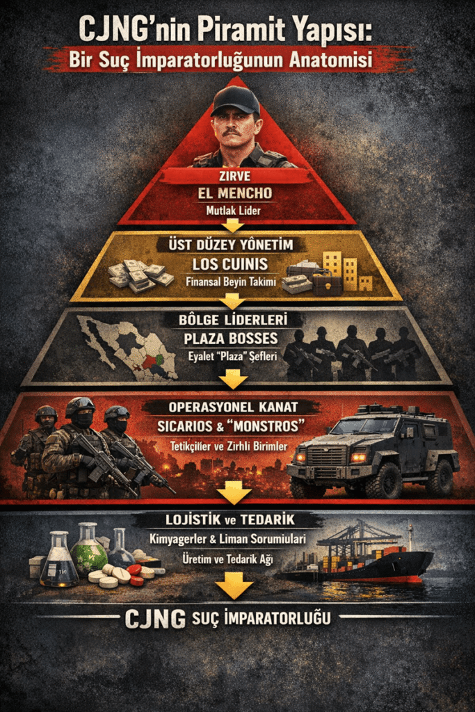 El Mencho liderliğindeki Jalisco Yeni Nesil Karteli (CJNG) organizasyon yapısı, hiyerarşik komuta zinciri ve operasyonel birimleri gösteren detaylı şema.